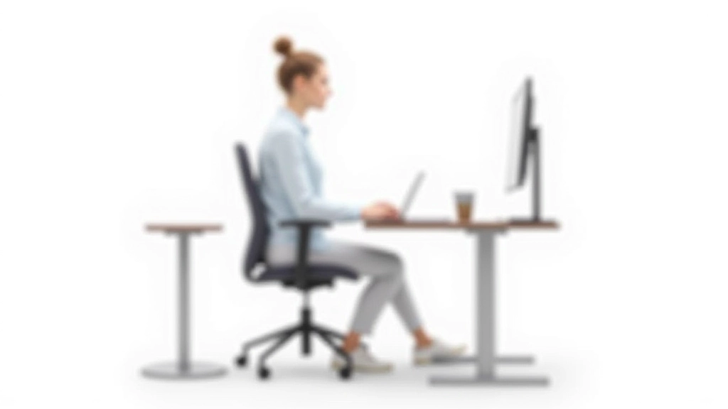 Desk ergonomics setup showing correct monitor height, arm position, and posture angles for optimal focus and reduced strain