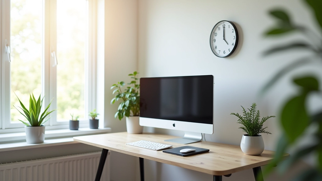 Bright workspace with standing desk, multiple monitor setup, plant, and clock visible showing productive environment setup