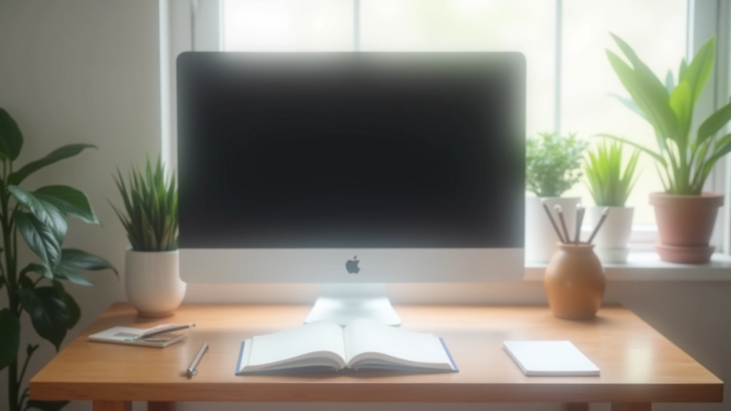 Clean, organized workspace with desk, monitor, notebook, and minimal decorations showing a focused work environment