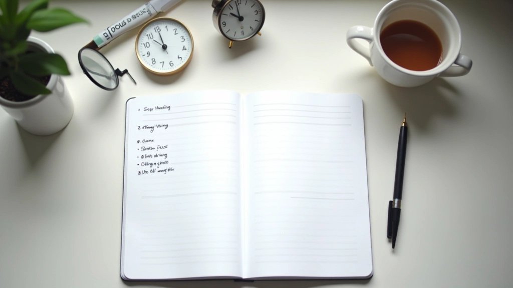 Notebook with handwritten time-tracking chart, pen, and cup of tea on desk showing focus session documentation method