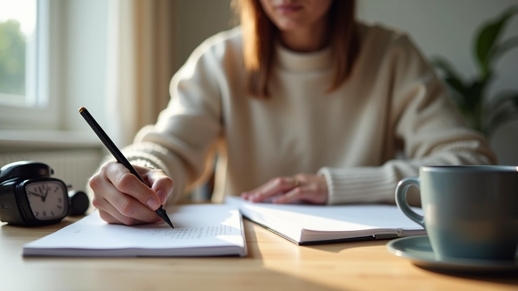 Person at wooden desk with notebook, coffee cup, and clock showing focused work session in minimalist office space